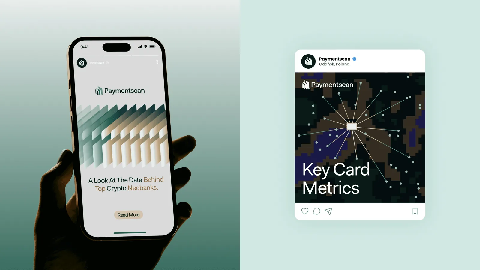 Paymentscan social story on a phone and a Key Card Metrics post