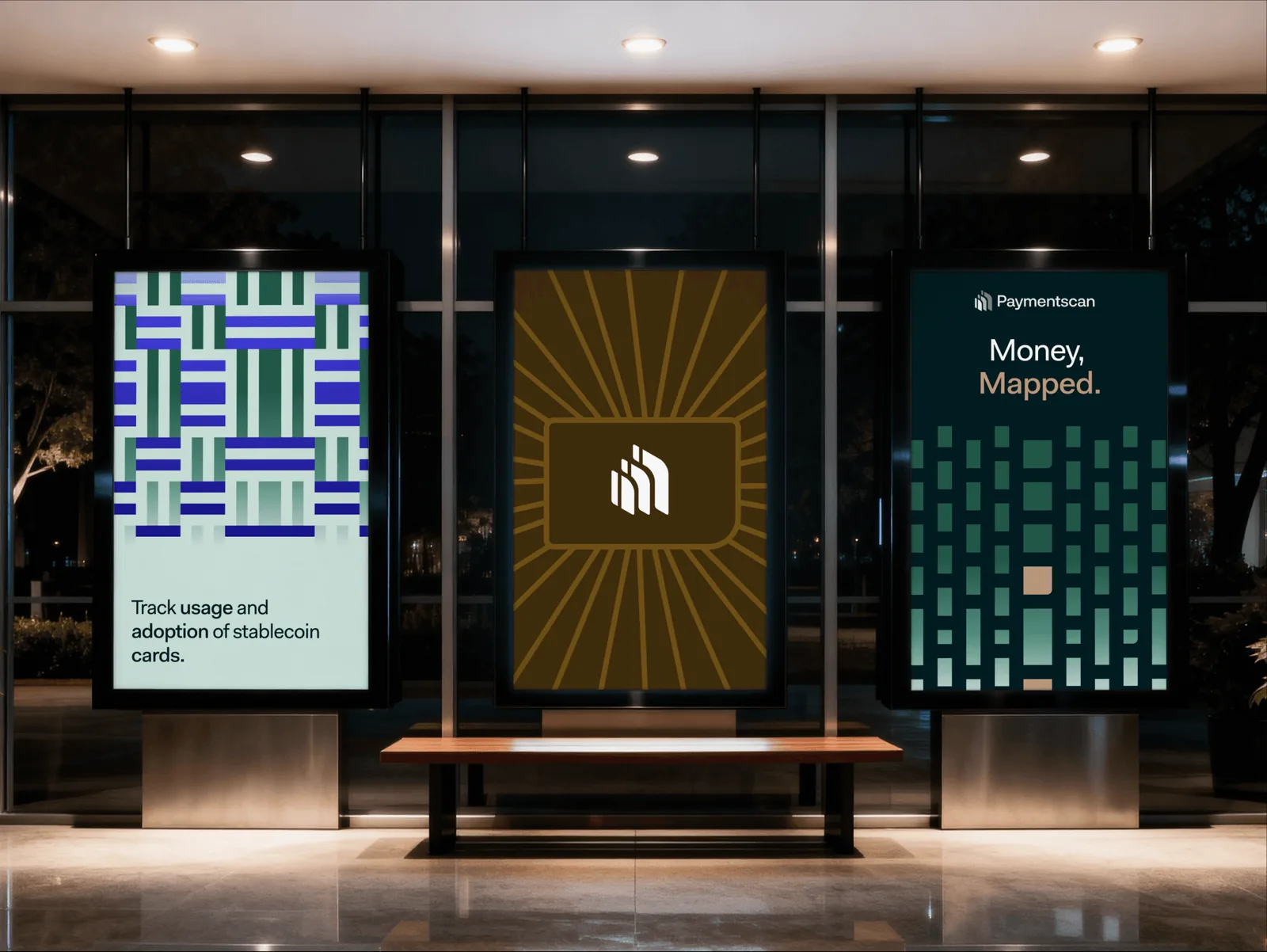 Paymentscan posters on street displays at night
