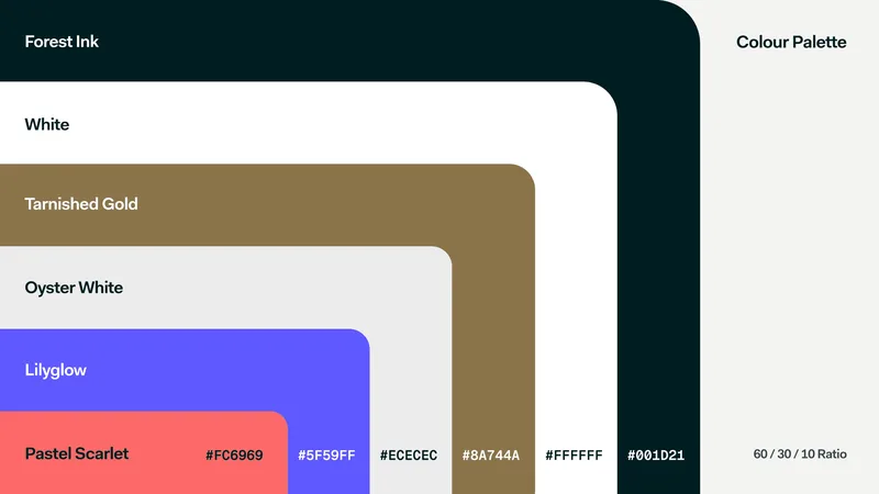 Paymentscan colour palette: Forest Ink, White, Tarnished Gold, Oyster White, Lilyglow, Pastel Scarlet
