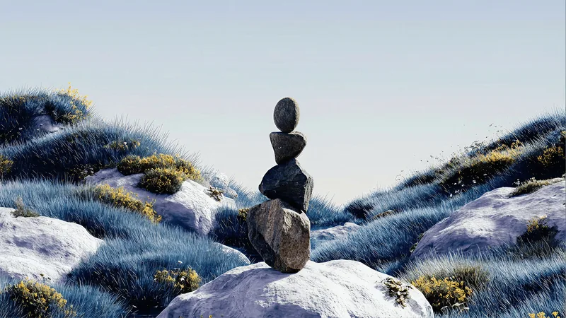 Balancing rocks above a misty valley, Zenrock brand world